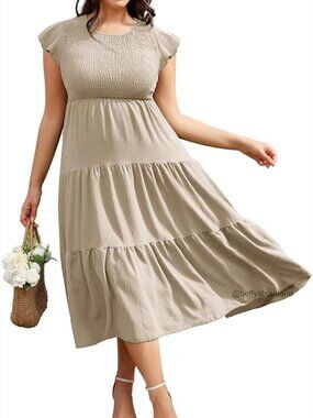 Plus Size Midi Dress - Flowy Smocked Ruffle Maxi Long Dress for Wedding Beach
